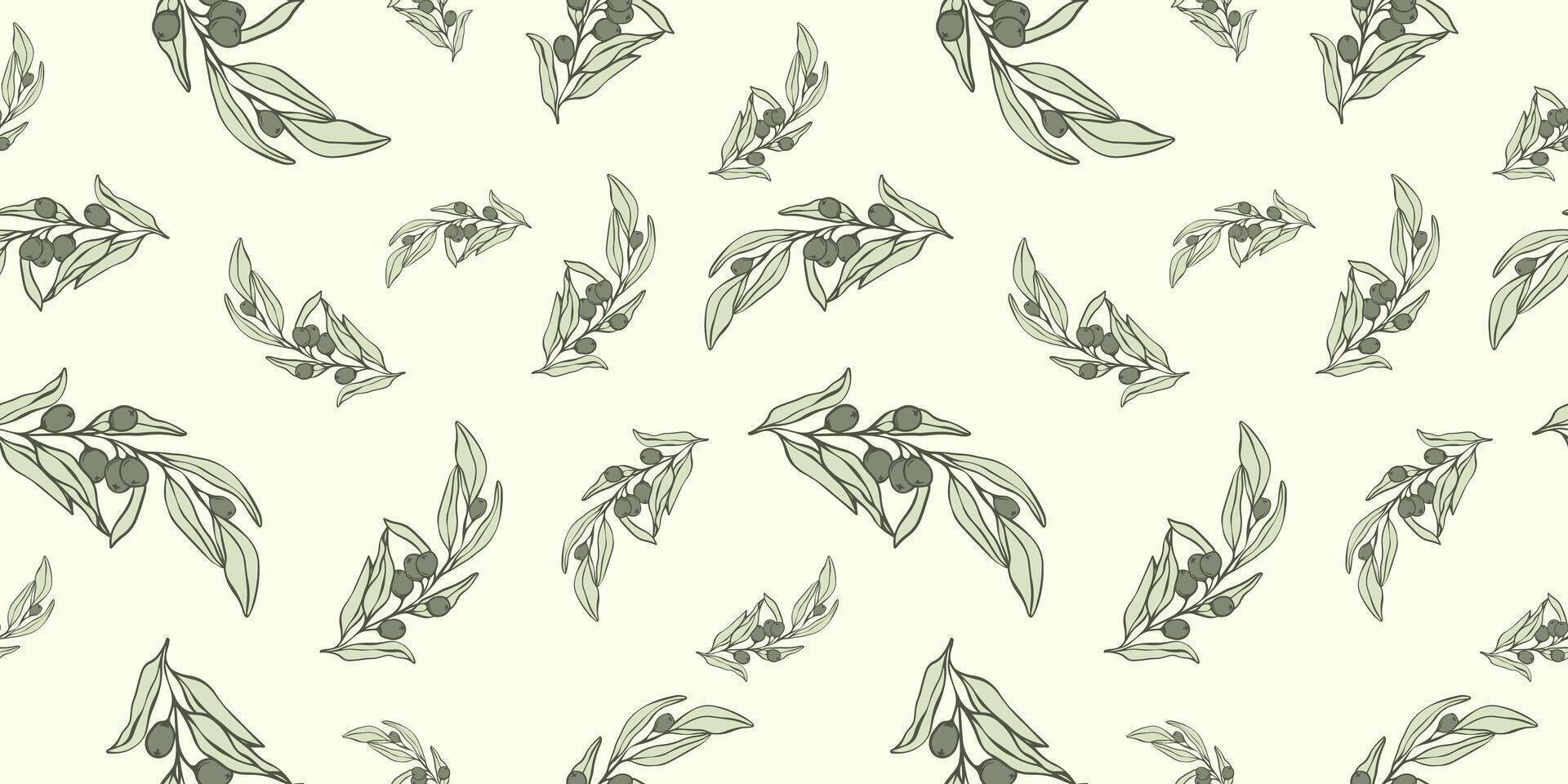 Seamless patterns with Olive Branch in Modern Minimal Liner Style. Vector Floral Backgrounds for Wedding invitations, greeting cards, print on fabric, wallpapers, scrapbooking, gift wrap and more