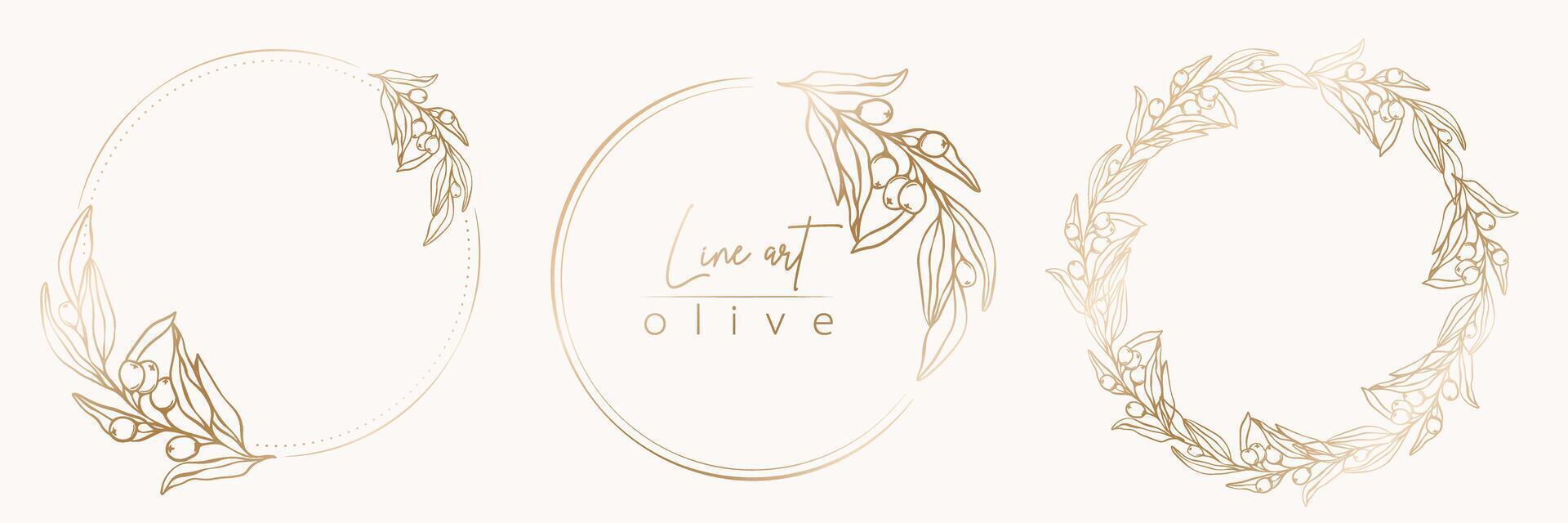 Botanical line illustration set of olive leaves, branch wreath for wedding invitation and cards, logo design, web, social media and posters template. Elegant minimal style floral vector isolated.