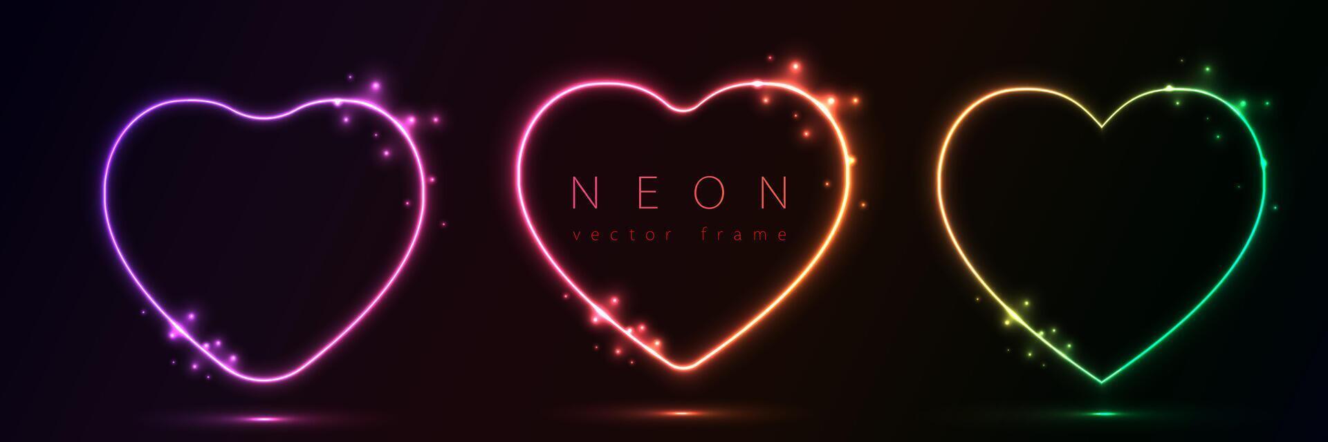 Set of glowing neon color heart shape with wavy dynamic lines on black background technology concept. Love light frame border for badges, price tag, label cards, logo design, valentines day. vector