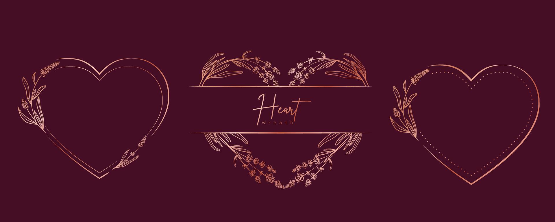 Hand drawn gold floral heart wreath and leaves. Flower botanical frame for monogram, wedding logo, invitation, postcard, and more. Vintage ornament vector illustration isolated on white background.