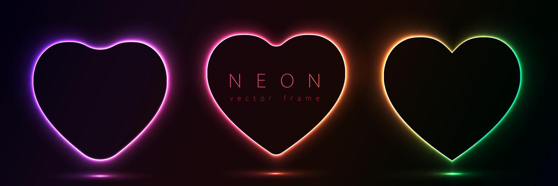 Set of glowing neon color heart shape with wavy dynamic lines on black background technology concept. Love light frame border for badges, price tag, label cards, logo design, valentines day. vector