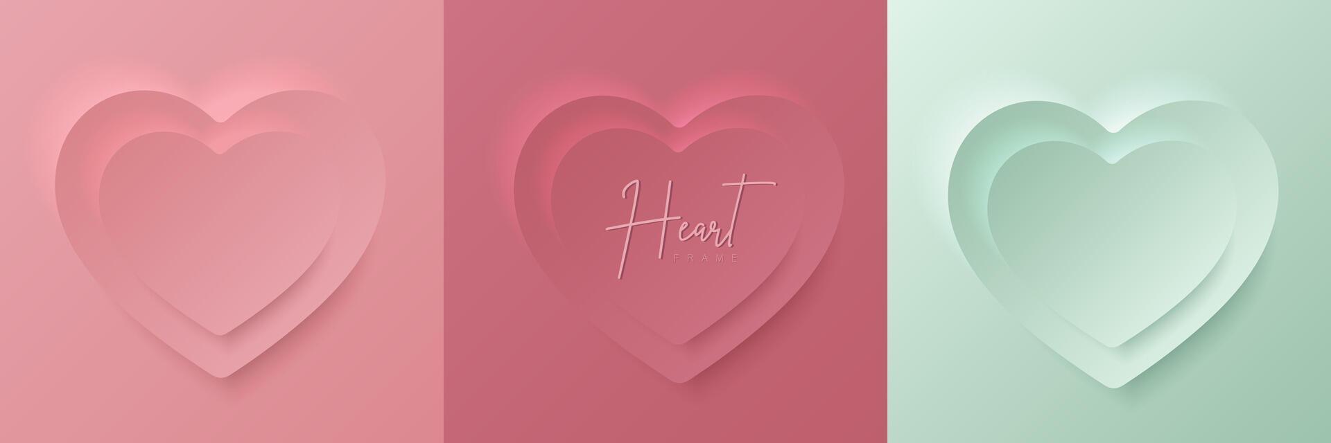 Set of pastel pink and mint green papercut 3D heart shape frame design. Collection of geometric backdrop for cosmetic product display, valentine day festival design, presentation, banner, cover, web vector