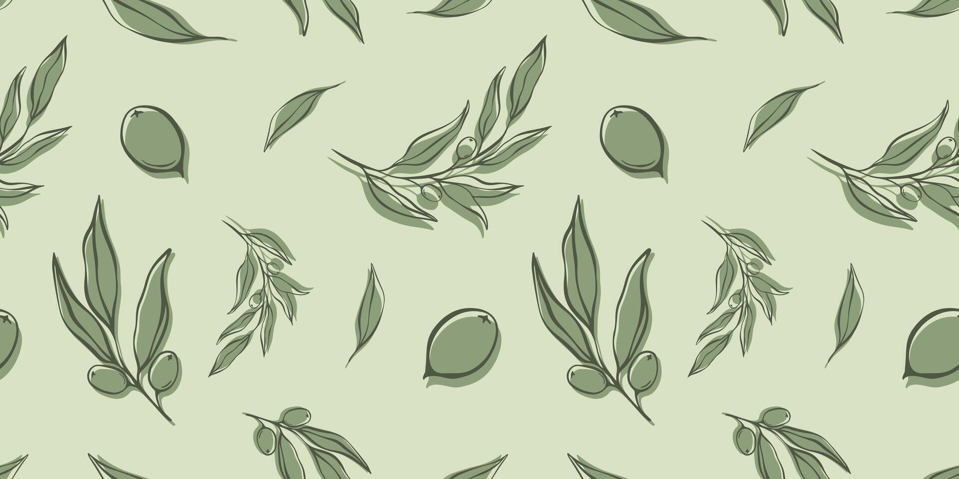 Seamless patterns with Olive Branch in Modern Minimal Liner Style. Vector Floral Backgrounds for Wedding invitations, greeting cards, print on fabric, wallpapers, scrapbooking, gift wrap and more