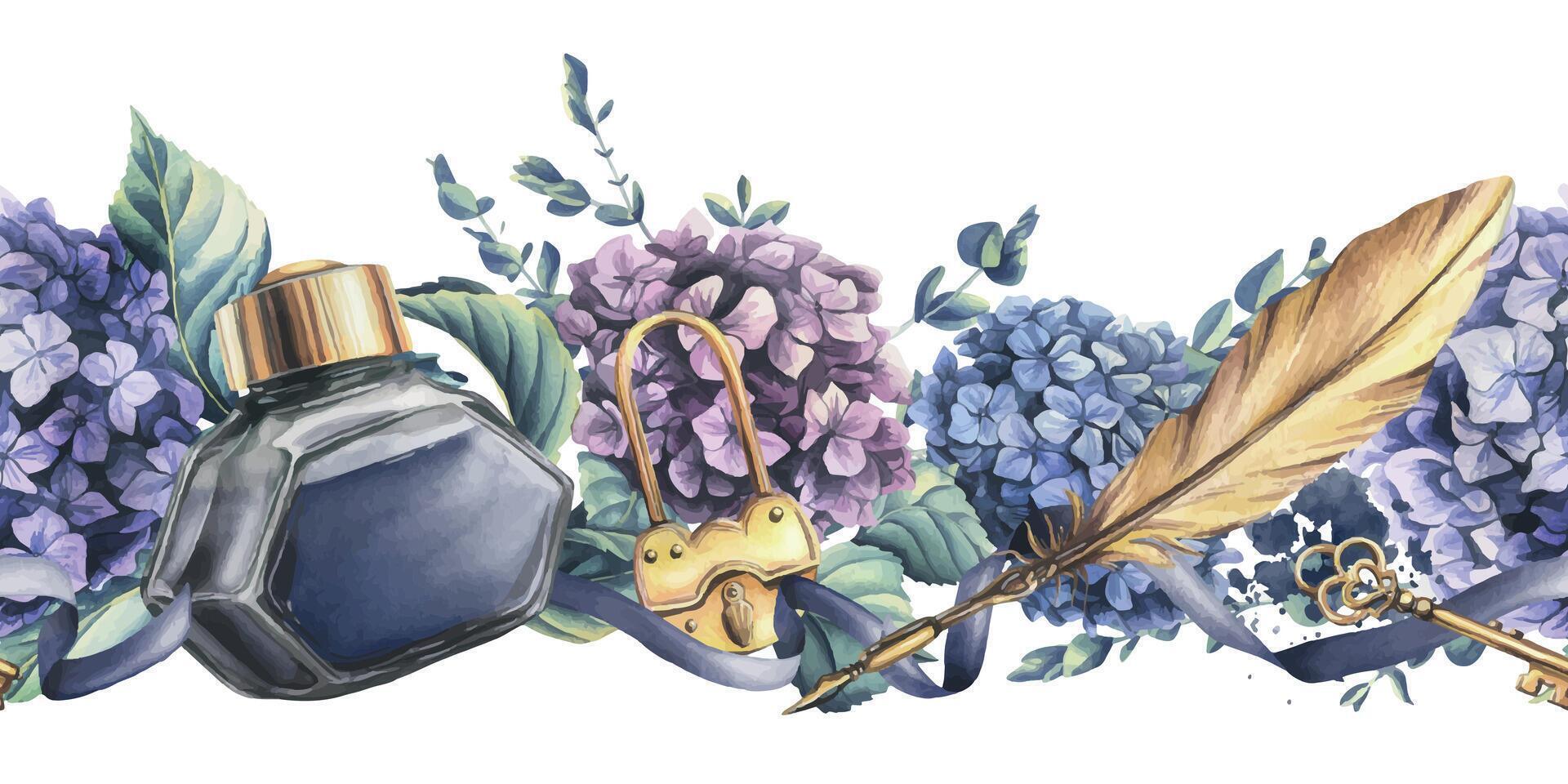 Blue inkwell with gold pen, ink, key and lock, ribbon with hydrangea flowers and eucalyptus branches. Hand drawn watercolor illustration. Seamless border isolated from the background Vector EPS