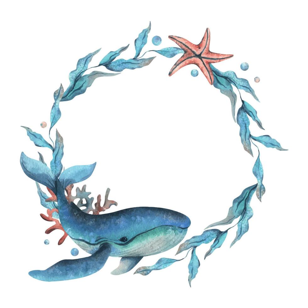 Underwater world clipart with sea animals whale, starfish, coral and algae. Hand drawn watercolor illustration. Circle wreath, frame isolated from the background vector