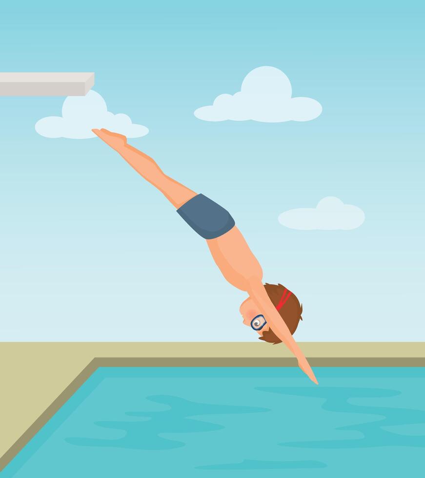 Cute little boy in swimsuit and goggle jumping dive into the swimming pool vector