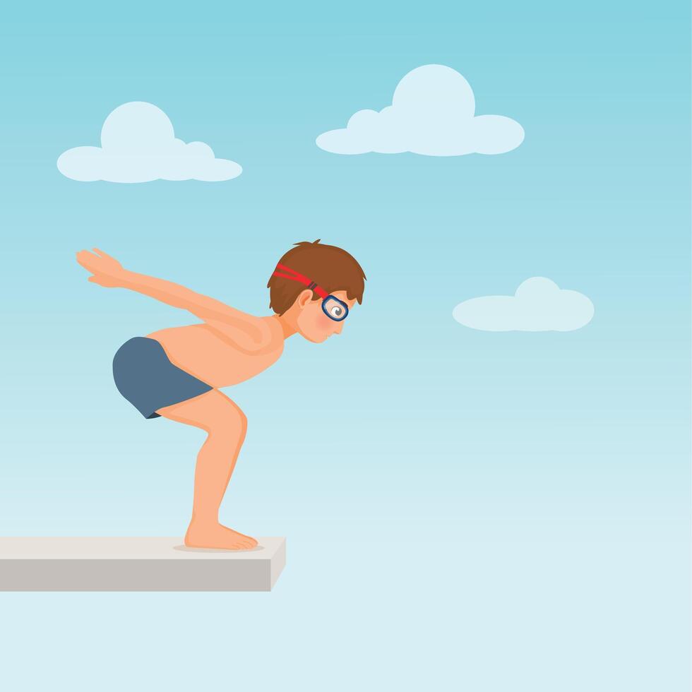 Cute little boy in swimsuit and goggle standing on springboard preparing to jump dive into the swimming pool vector