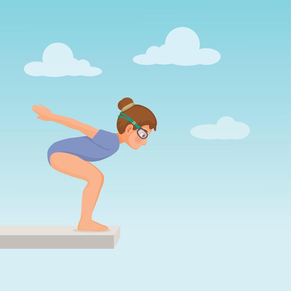 Cute little girl in swimsuit and goggle standing on springboard ready to jump dive into the swimming pool vector