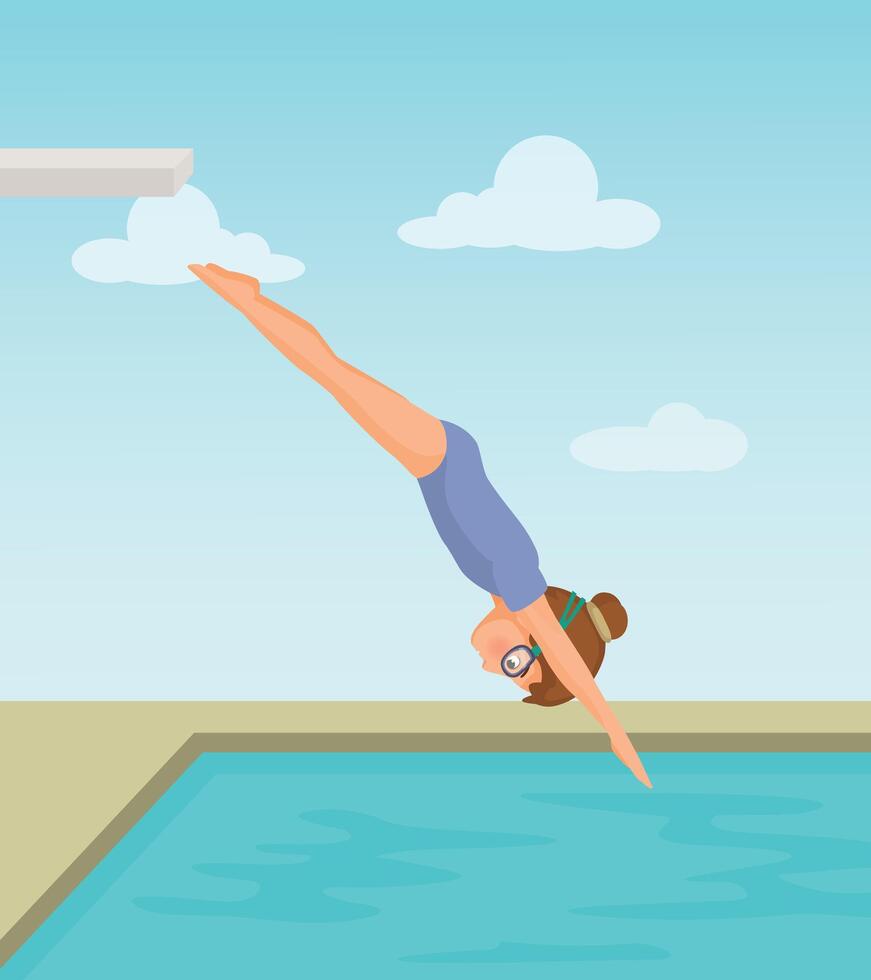 Cute little girl in swimsuit and goggle jumping dive into the swimming pool vector