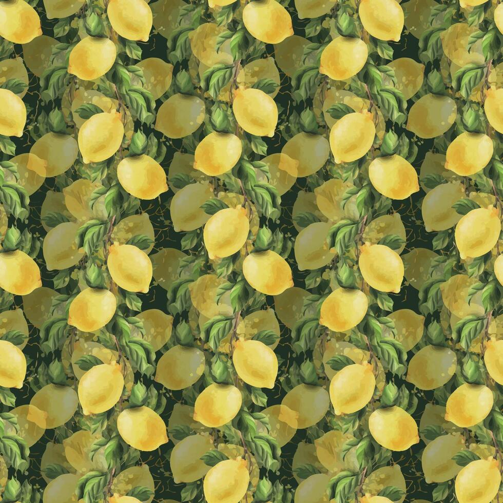 Lemons are yellow, juicy, ripe with green leaves, flower buds on the branches, whole and slices. Watercolor, hand drawn botanical illustration. Seamless pattern on a green background. vector