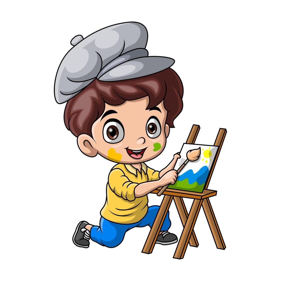 Cute little boy cartoon painting vector