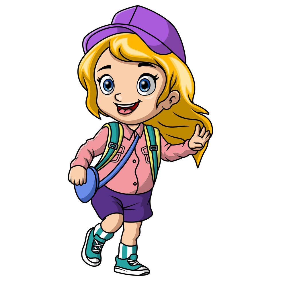 Happy school girl cartoon with backpack vector