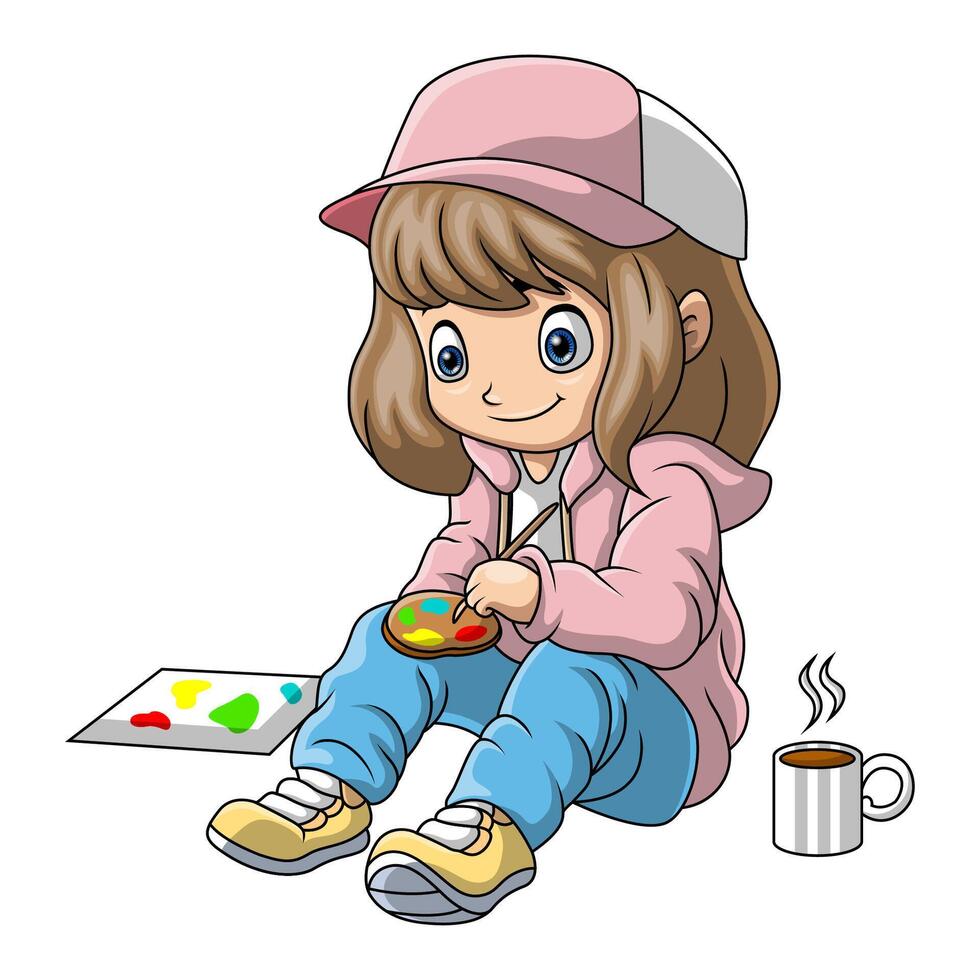 Cute little girl cartoon painting vector