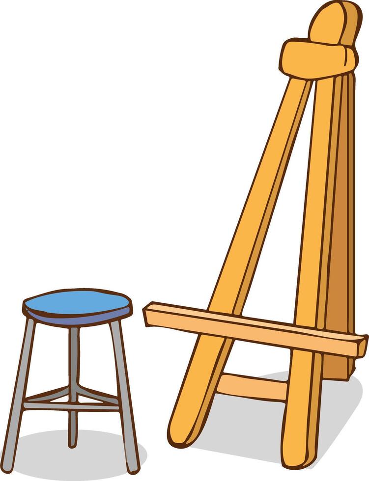 caballete y silla, artistas lugar de trabajo. de madera trípode , dibujo artístico herramientas, cosas. plano gráfico vector ilustración aislado en blanco antecedentes