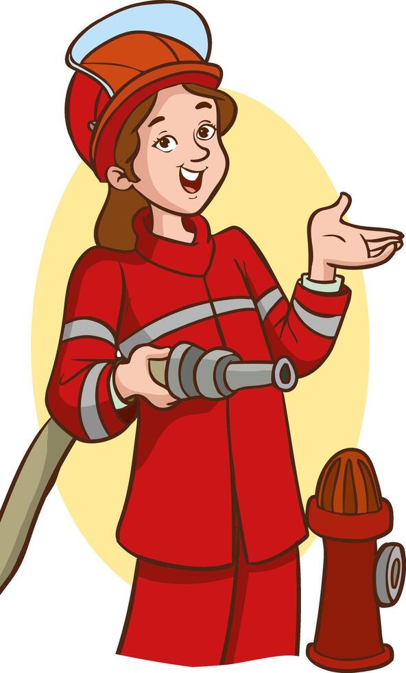 Portrait female firefighter in uniform. Happy firefighter with hose in hand. Female firefighter standing with professional equipment. Vector illustration on white background