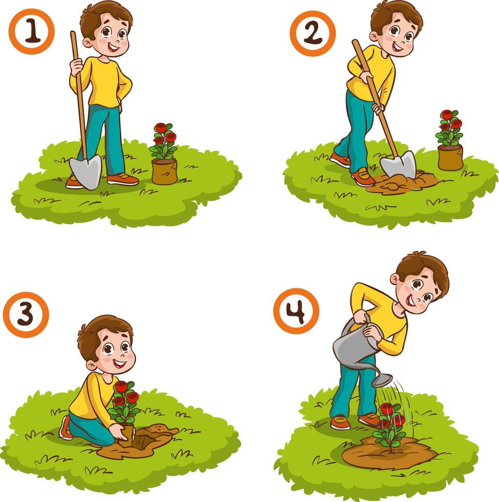 vector ilustración de niños plantando arboles en el jardín