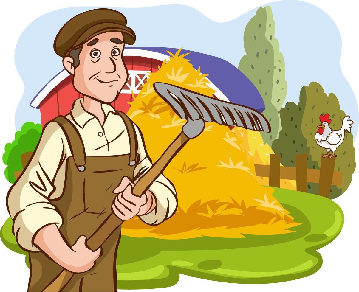 vector ilustración de un granjero con un rastrillo en frente de un granja casa