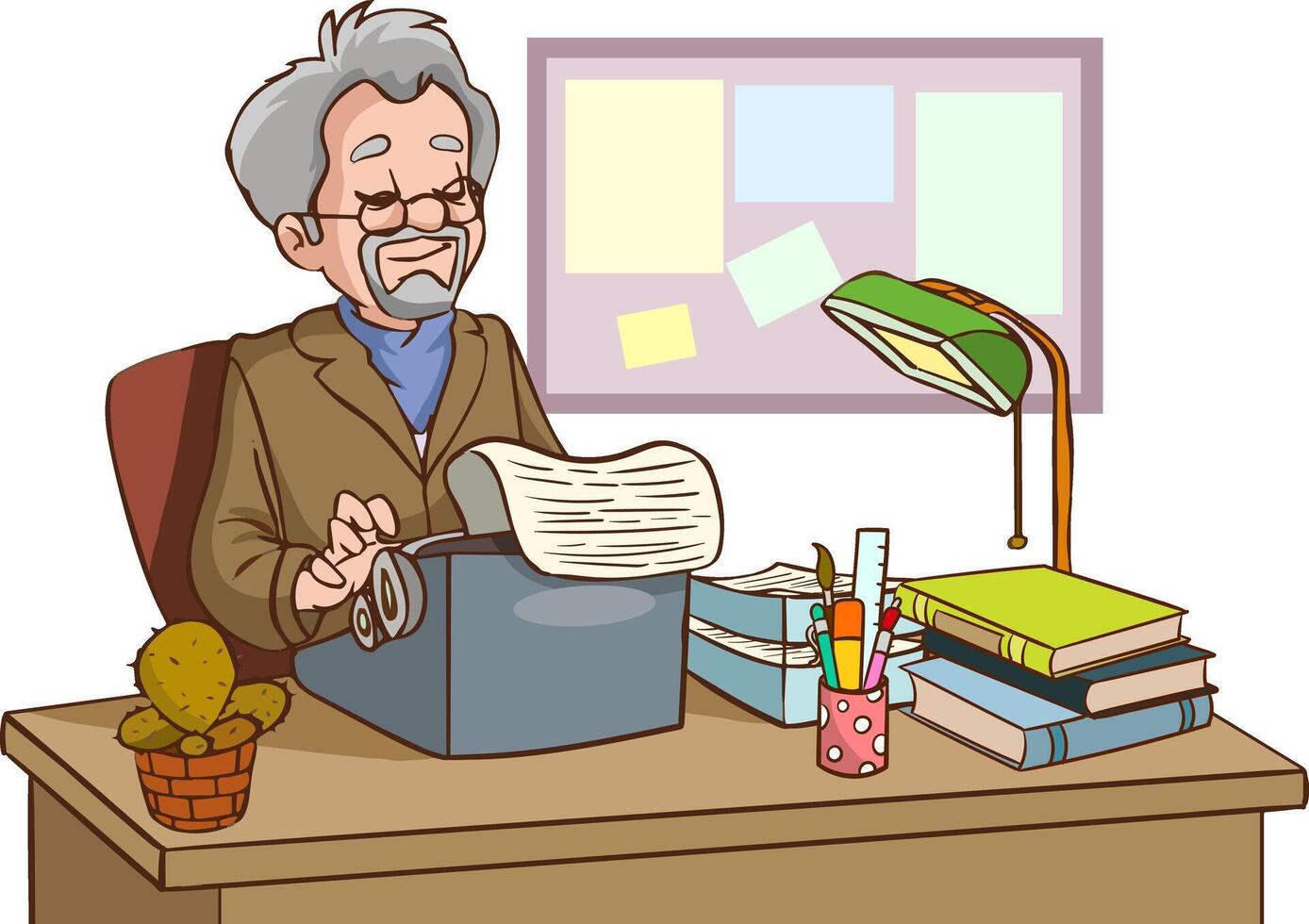 Male Character Writer, Writer or Editor Sitting at the Desk with Typewriter and Books Around Him. Man Writes Book or Article on Vintage Typewriter. Cartoon People Vector Illustration