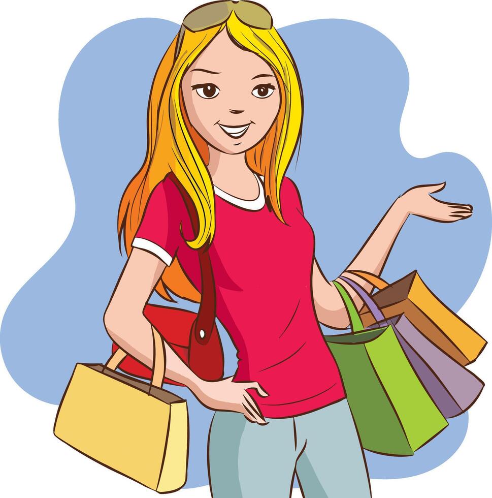 Beautiful woman is shopping. The girl with the packages. Fashionable. Vector illustration in cartoon style