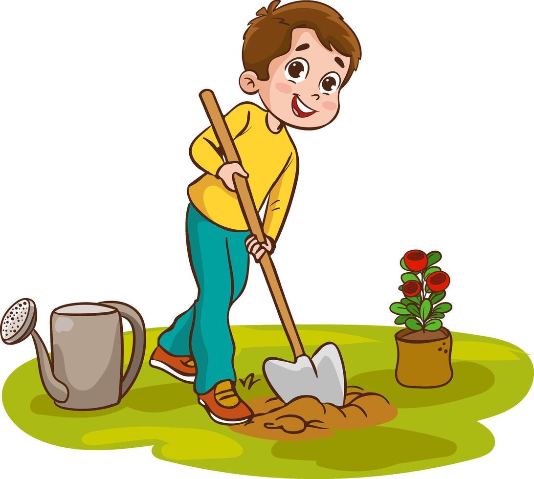 vector illustration of kids planting trees in the garden