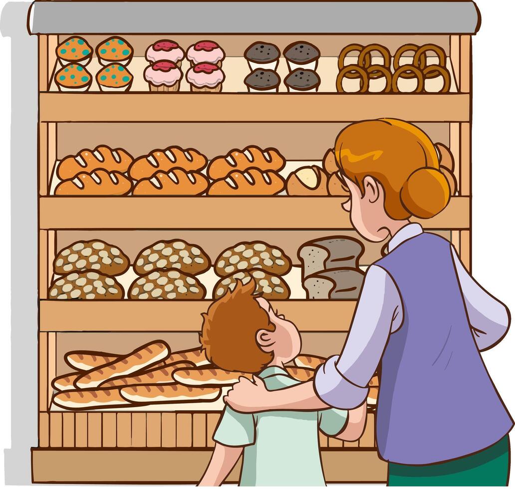 dibujos animados vector de madre y hijo comprando un pan a el panadería dibujos animados vector