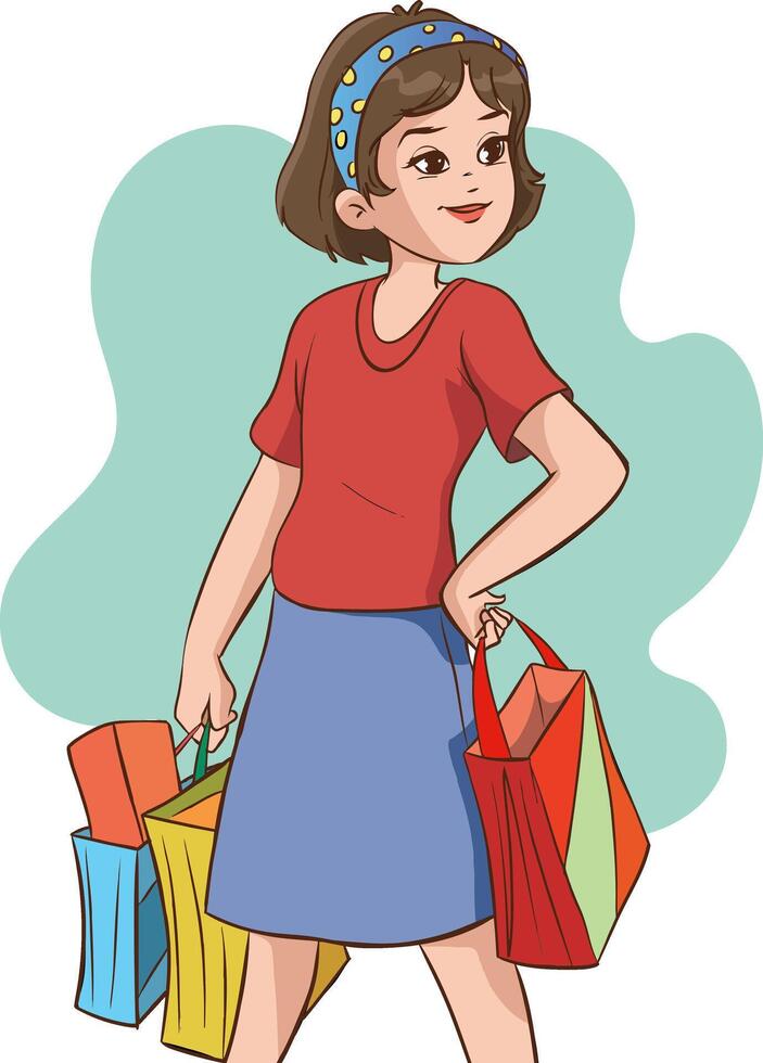 Beautiful woman is shopping. The girl with the packages. Fashionable. Vector illustration in cartoon style