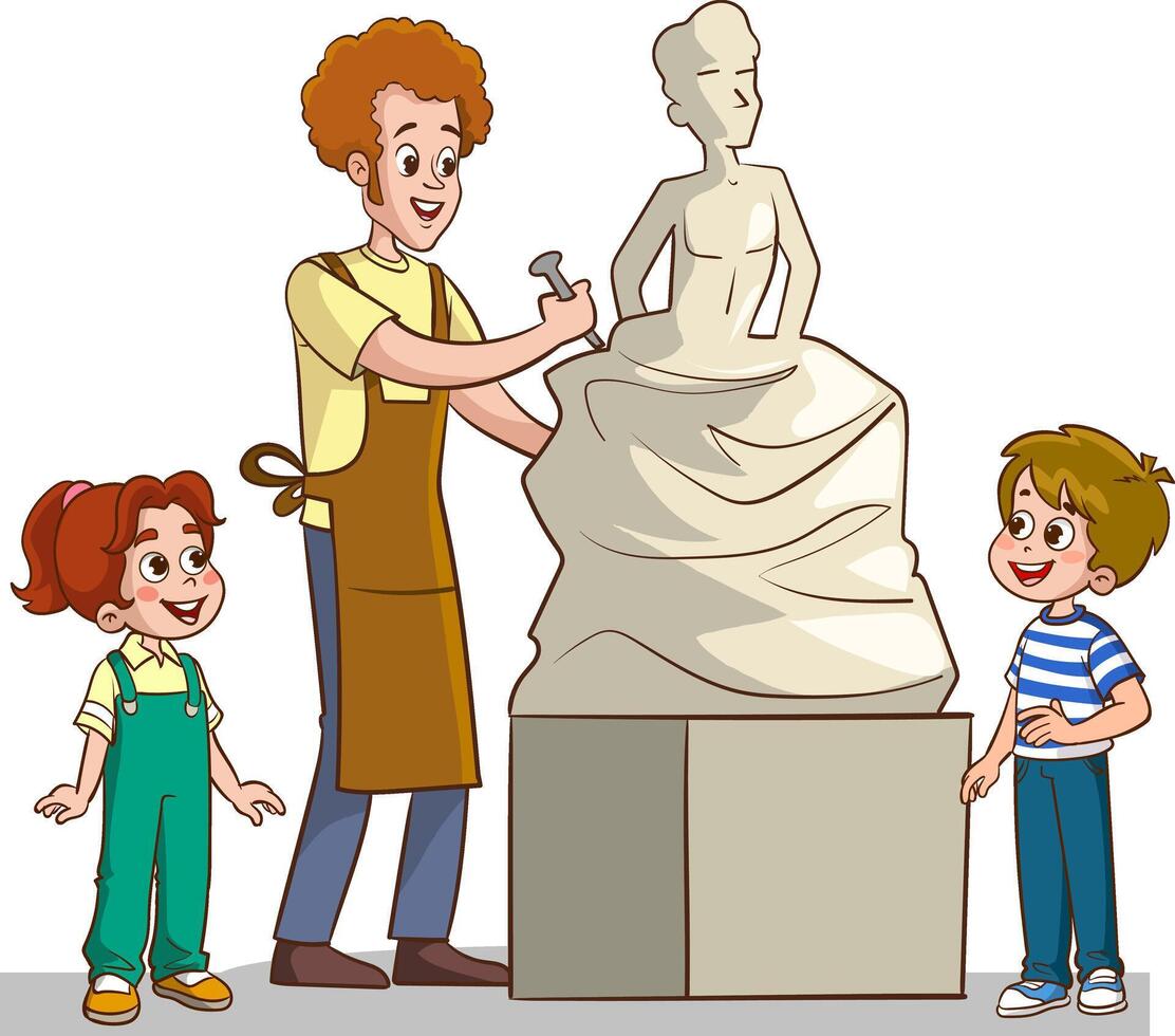 Vector Illustration of Young Man Showing Children How to Make Clay