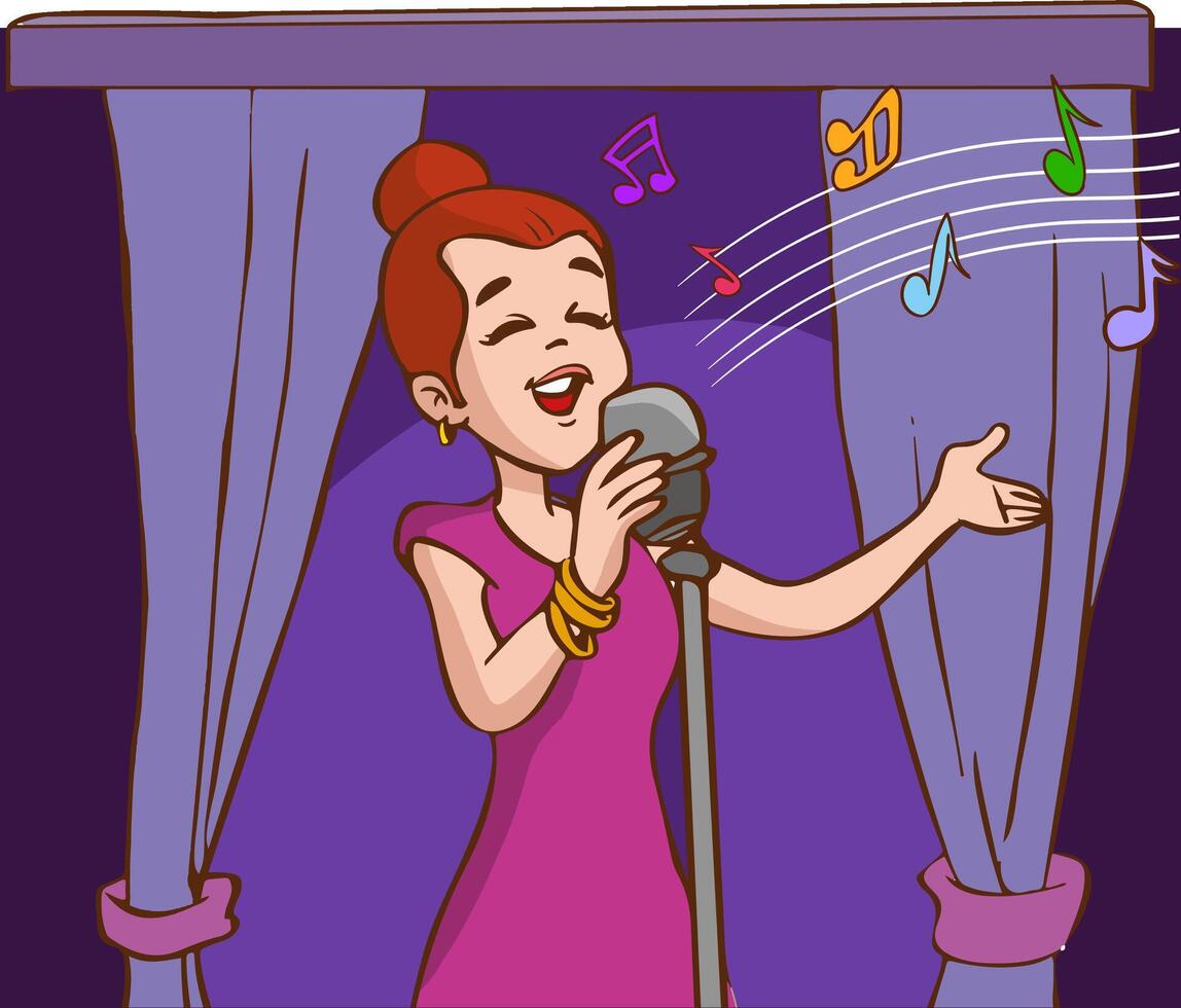 Woman Holding Microphone on Stage Singing in Karaoke Bar or Nightclub. Vocalist Female Character Fun and Relaxing.Vector Illustration vector