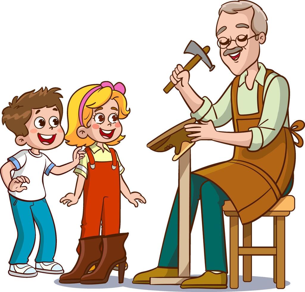 Cobbler old man with hammer in hand and children vector illustration.