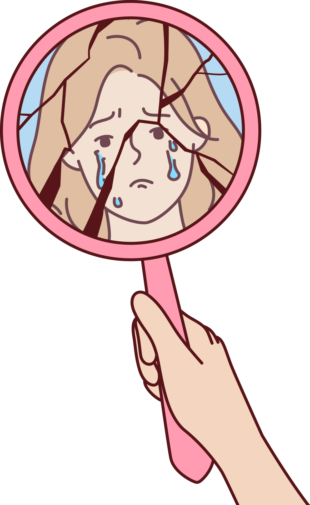 Broken mirror in hand of crying woman and reflection of face of
