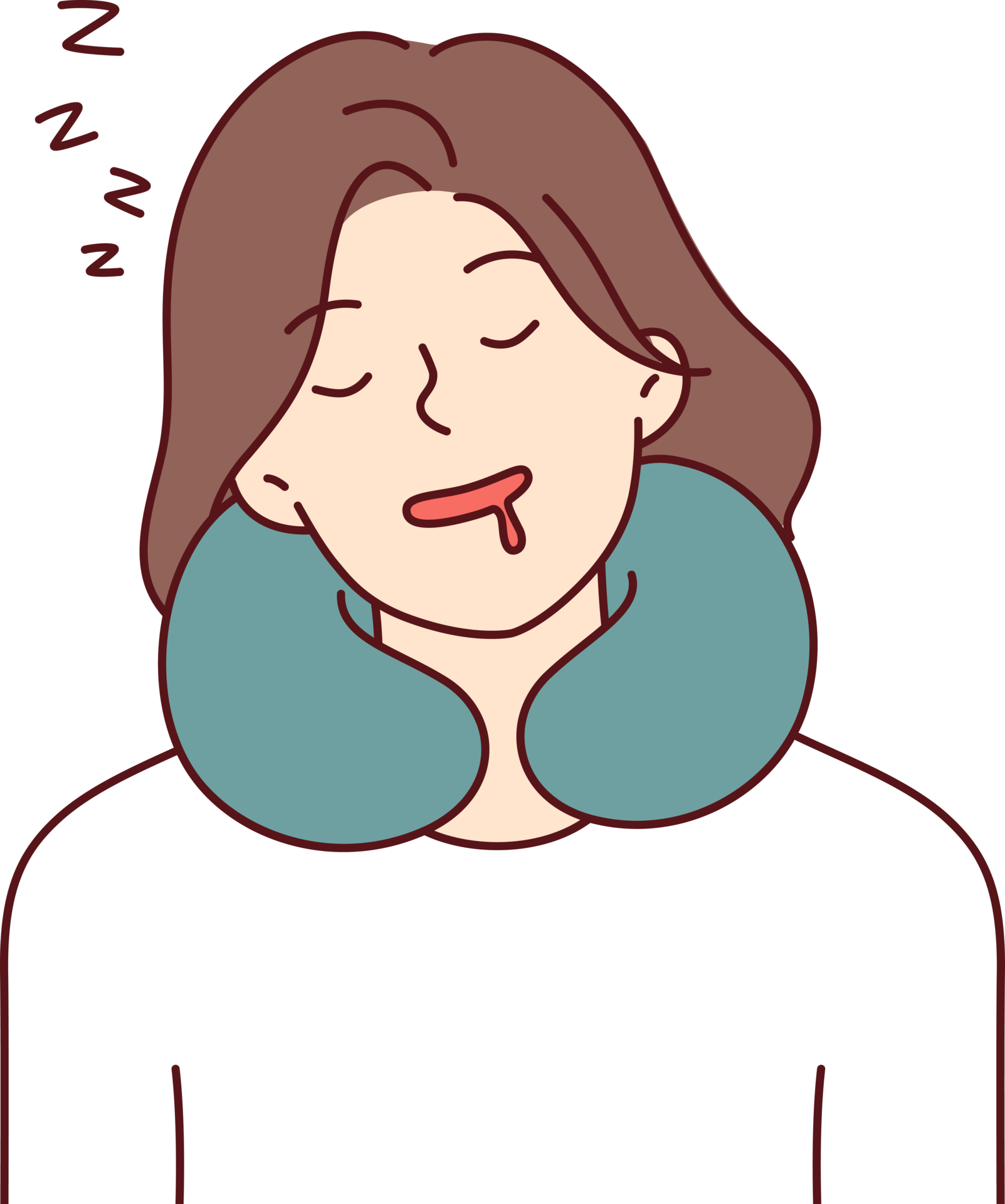 Woman sleeps using neck pillow while traveling and experiences comfort