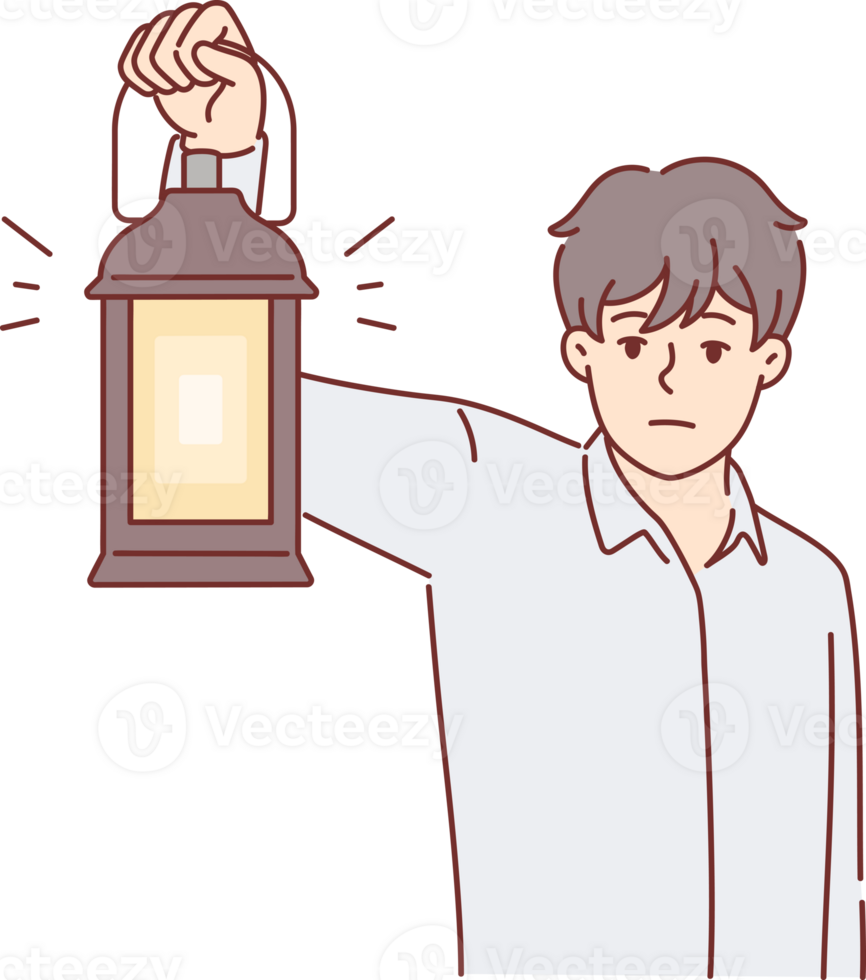 Man with kerosene lamp lights way in dark, looking for exit out of scary room, as metaphor for difficult times. Young guy is using old lantern with candles and is afraid of being in dark house. png