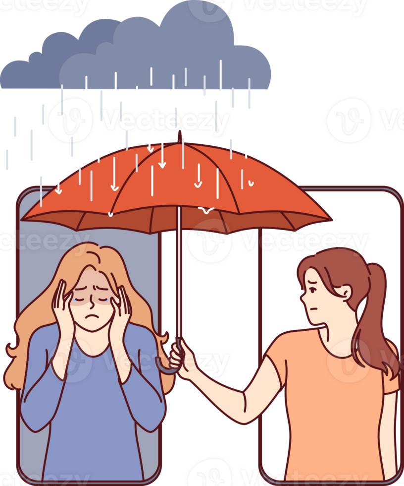 Woman supports upset friend by holding umbrella over girl head who leaning out of phone screen. Concept of mobile applications for providing psychological assistance to upset people png