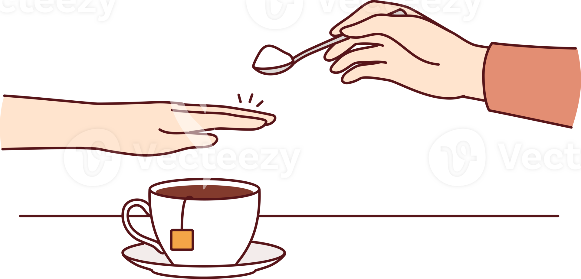 Hand of person with diabetes and refusing sugar, covering cup of tea with palm to avoid increase in insulin. Avoiding sugar due to impact on diabetes and appearance of excess weight or skin problems png