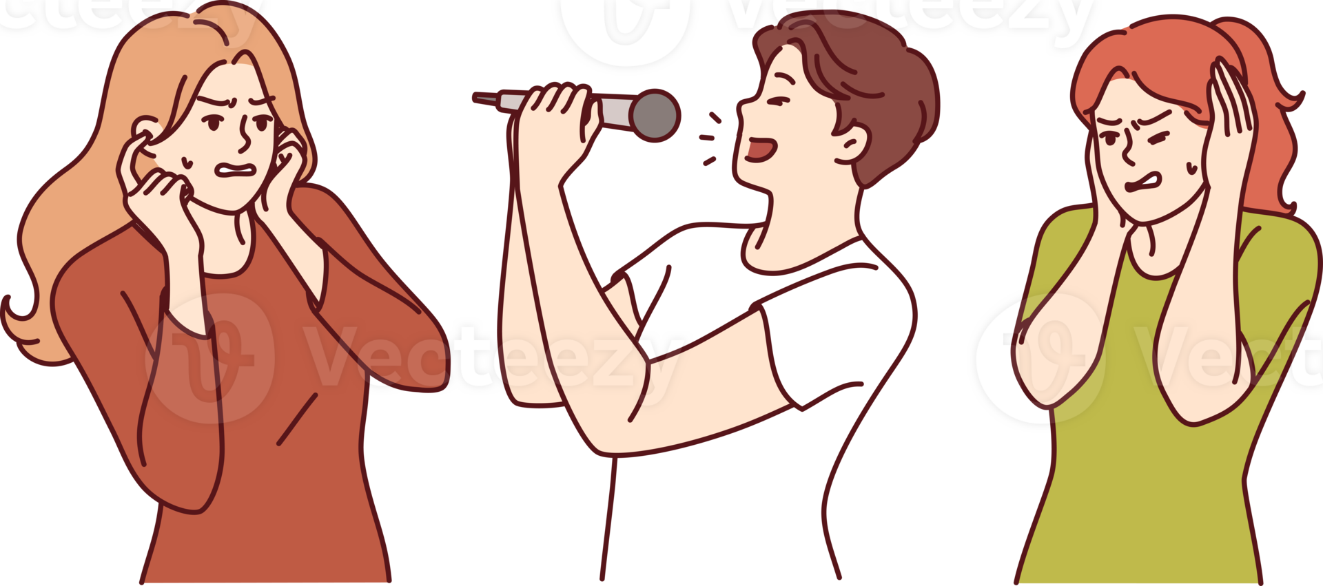Man sings karaoke poorly due to lack of hearing or voice and forces women to cover ears. Singer holds microphone enjoying visit to karaoke club and annoys people experiencing discomfort. png
