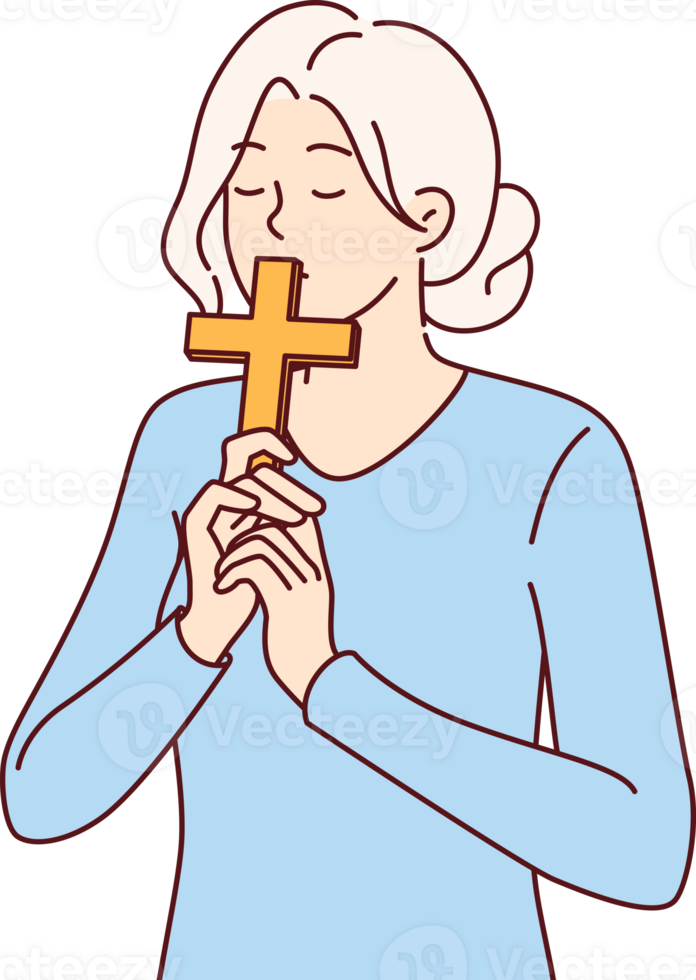 Catholic woman kisses christian cross, making ritual worshiping religious shrine and expressing respect to lord. Catholic girl with crucifix in hands thanks god for remission sins or makes confession png