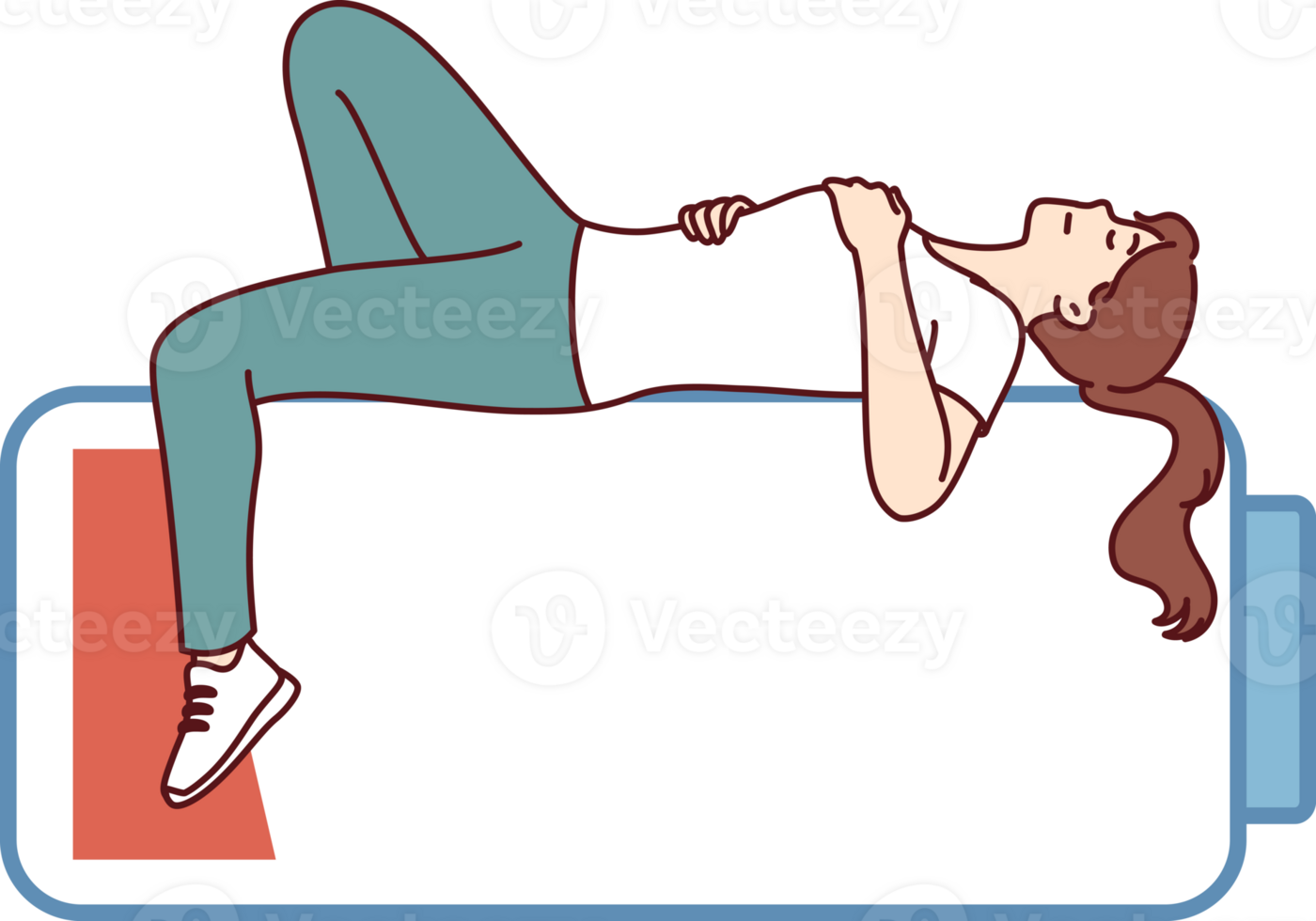 Woman sleeps on empty battery, trying to restore strength and energy after difficult day at work. Girl sleeps to recharge and needs long rest due to fatigue and overload during work png