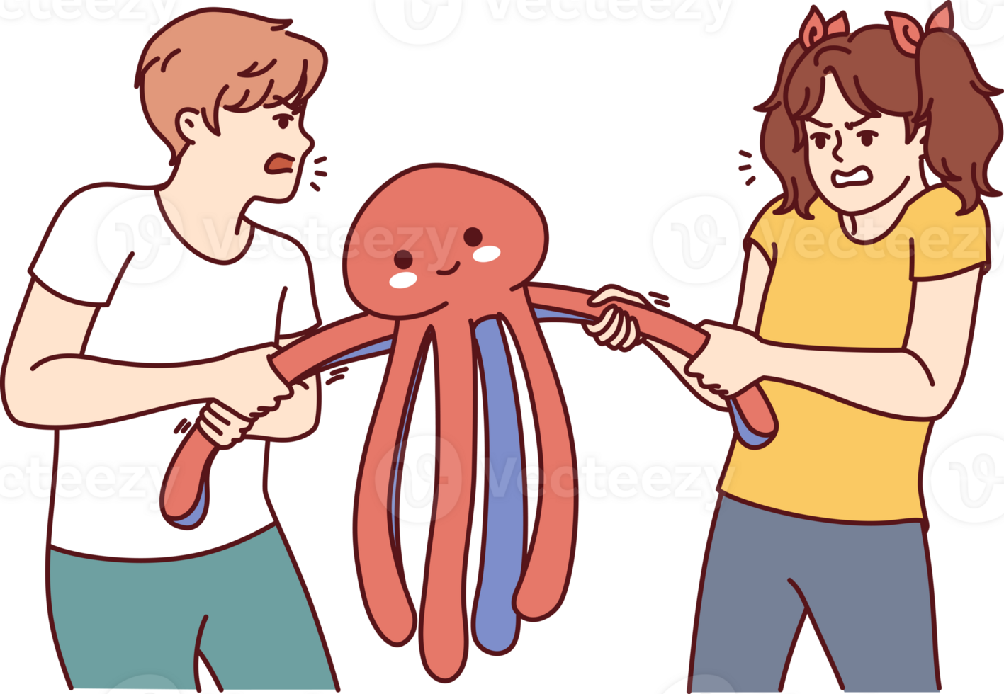 Children quarrel over toy and pull stuffed octopus in different directions, not wanting to compromise or share. Greedy boy quarrels with sister, refusing to share personal belongings png