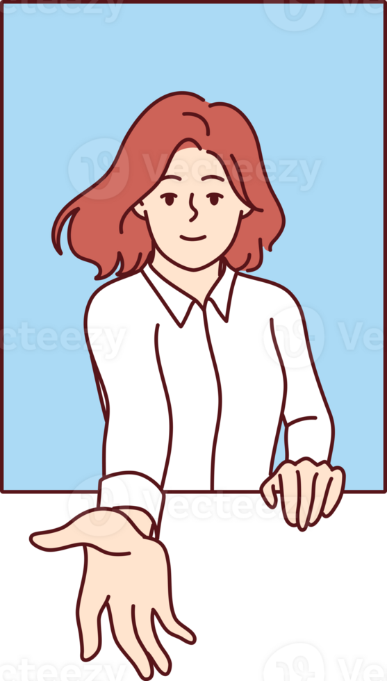 Woman extends hand and says follow me, looking out of window to provide support or free help. Smiling businesswoman makes follow me gesture, inviting you to attend business training for entrepreneurs png