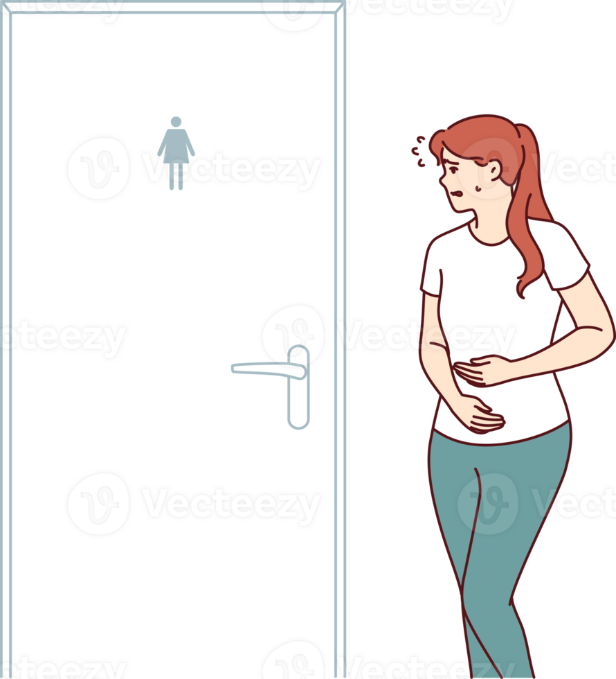 mujer sufrimiento desde Diarrea se apresura a baño en pie cerca cerrado puerta debido a estómago problemas. concepto pobre digestión causando Diarrea y necesitar para ayuda desde gastroenterólogo médico png