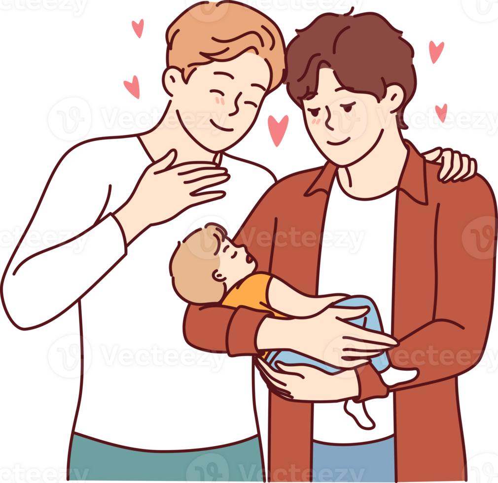 Gay couple of two men holds child in hands and smiles, rejoicing at presence of law giving right to adopt children. Gay family admires sleeping baby, for concept of parenthood for LGBT people png