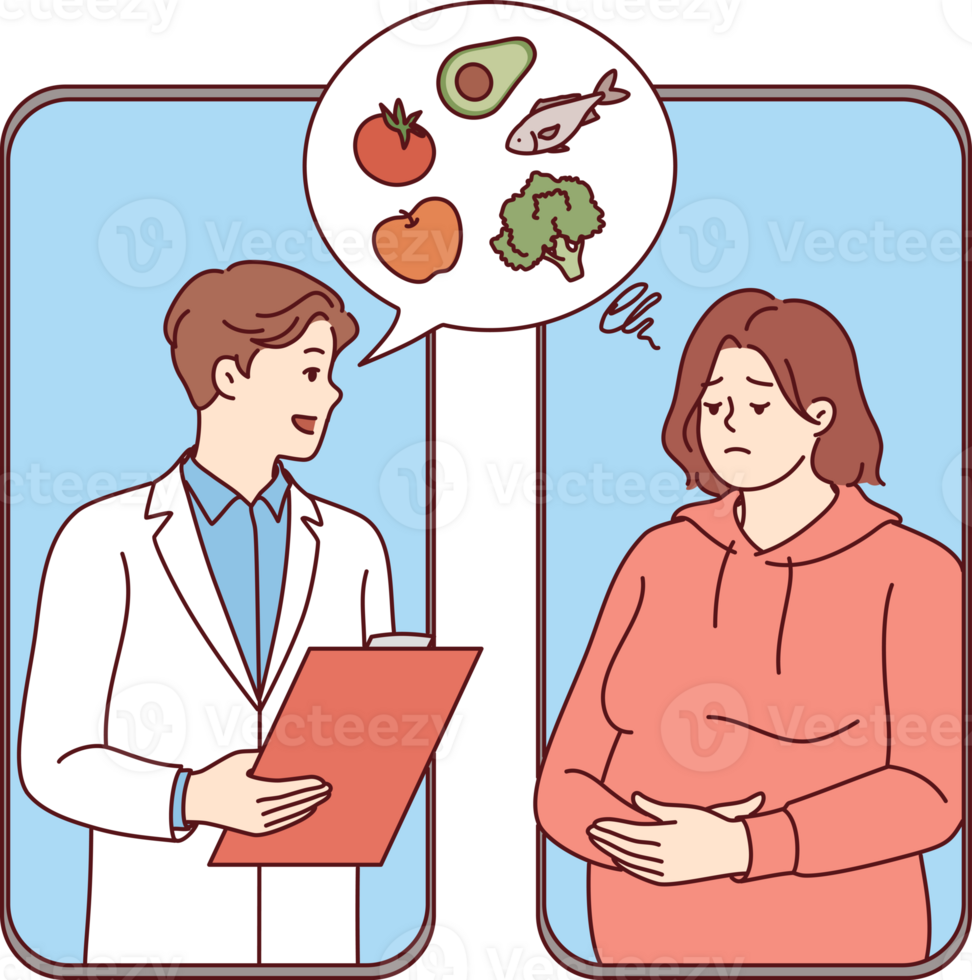 Man nutritionist provides online consultation services for woman with excess weight problems through mobile phone application. Online nutritionist recommends diet of vegetables and fish to patient. png