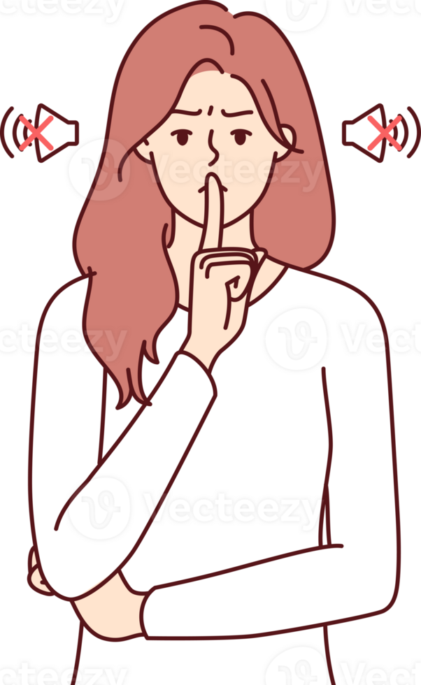 Frowning woman makes tss gesture calling for phones to be turned off or to speak more quietly. Girl orders silence, showing tss sign with hand, to calm down hyperactive children making lot of noise. png