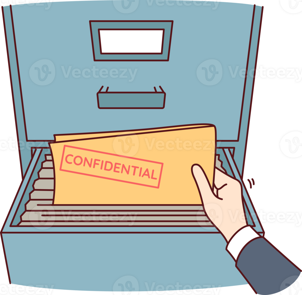 Folder with confidential documents inside safe and hand of person taking out archival papers. Person steals confidential data and commits corporate espionage to obtain insider information. png