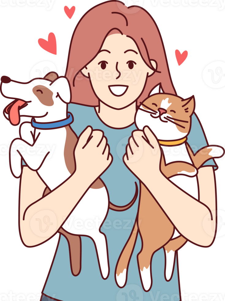 Two pets in hands of teenage girl hugging cat and dog, and feeling love for domesticated animals png