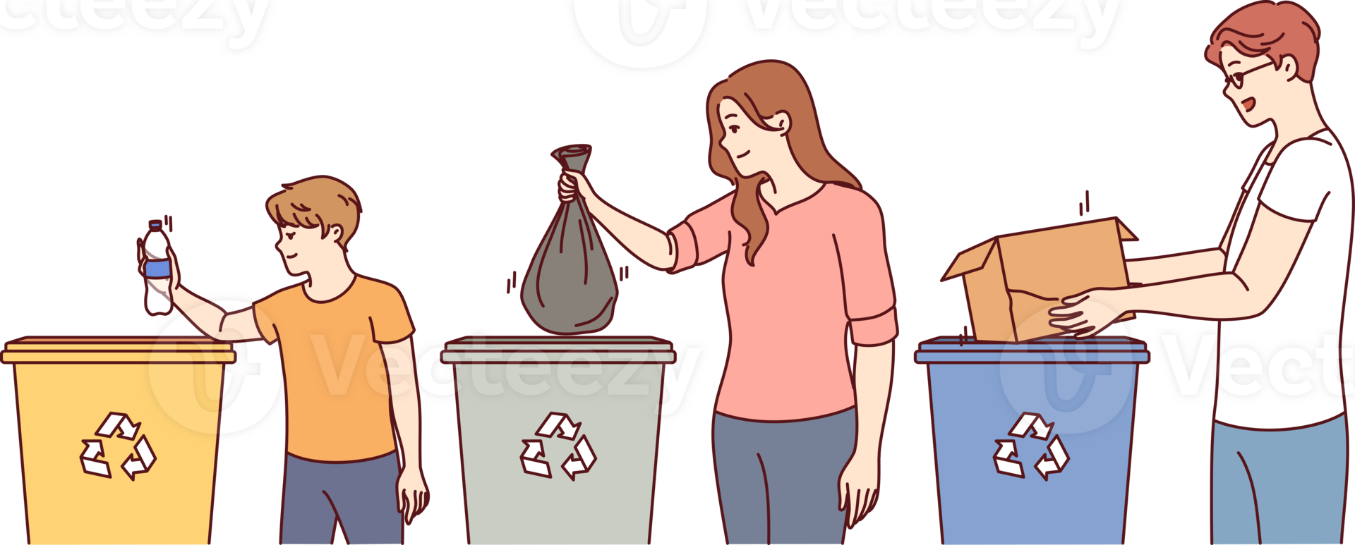 Parents and children stand near trash cans, participating in separate waste collection png