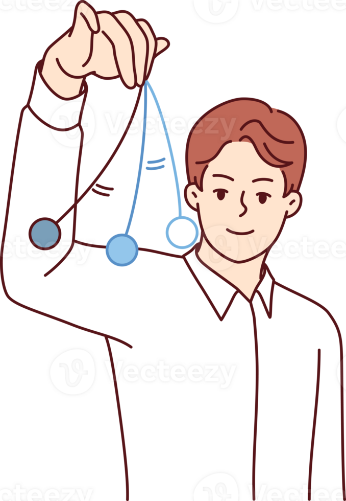 Mann Hypnotiseur mit schwingen Pendel im Hand macht Vorschlag zu geduldig oder hilft wiederherstellen Erinnerung von Vergessene Fall. Kerl ist Hypnotiseur Gehirnwäschen Menschen in glauben Fakten Das nicht existieren. png