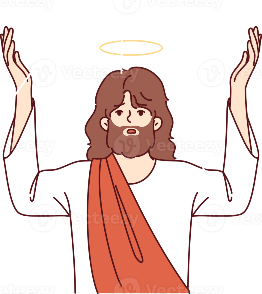 Jesus messiah from christian religion raises hands up, announcing beginning fulfillment of prophecies from old testament. Second coming of jesus for decoration in catholic books and orthodox websites png