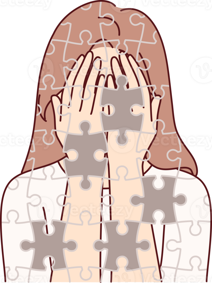 Depressed girl suffers from self-destruction and personality destruction, consists of mosaic with void. Depressed woman with mental disorder and psychological problems needs help of psychologist png