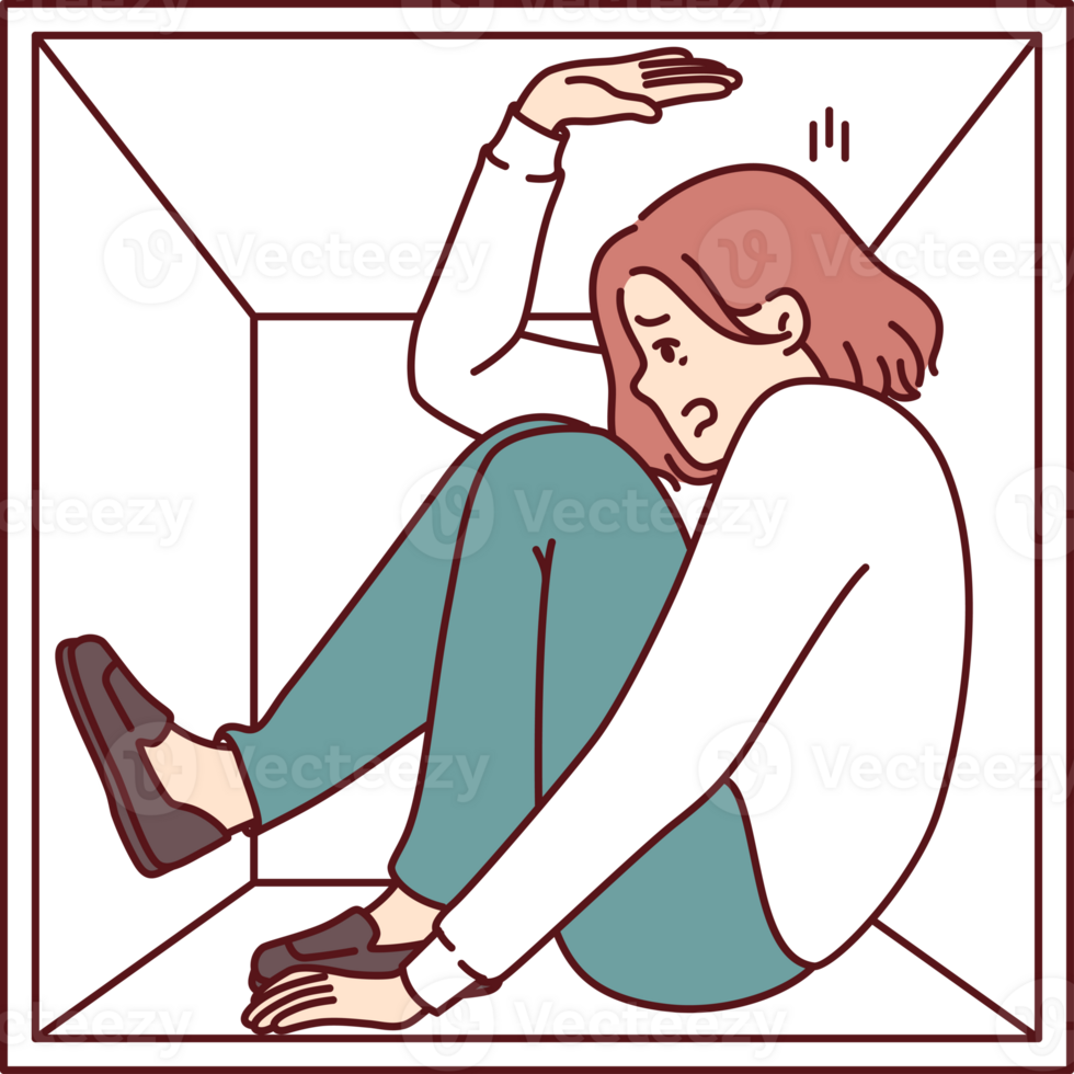 Woman suffering from claustrophobia sits in cramped box and feels pressure of walls, as metaphor for cramped housing. Girl experiences problems due to claustrophobia and fear of closed spaces. png